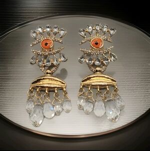 NWT Punk Style Evil Eye & Lips Crystal Tassel Gold Chandelier Earrings